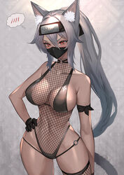  animal_ear_fluff animal_ears bare_arms bare_shoulders bikini black_bikini black_gloves black_headband blush breasts covered_mouth cowboy_shot dark-skinned_female dark_skin female fishnet_leotard fishnet_swimsuit gloves grey_hair hair_between_eyes hand_on_own_hip headband highres hitowa large_breasts long_hair mask mouth_mask navel original ponytail red_eyes solo spoken_blush standing stomach string_bikini swimsuit tail thigh_strap v-shaped_eyebrows very_long_hair 