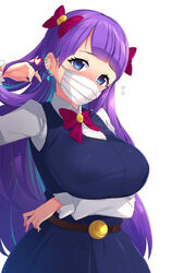  blue_eyes blush breast_hold breasts collared_shirt dress earrings female heart highres jewelry kaguya_madoka large_breasts long_sleeves looking_at_viewer mask mouth_mask pinafore_dress precure purple_hair rumo shirt simple_background sleeveless sleeveless_dress solo star_twinkle_precure surgical_mask white_background 