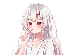  absurdres blush brushing_teeth commentary_request female hand_up highres holding holding_toothbrush hololive horns karashi_(asarikarasi) long_hair multicolored_hair nakiri_ayame red_eyes red_hair shirt simple_background skin-covered_horns solo streaked_hair toothbrush toothbrush_in_mouth virtual_youtuber white_background white_hair white_shirt 