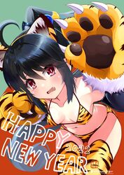  2022 ahoge amino_dopple animal_hands bent_over bikini black_hair blush breasts chinese_zodiac claw_pose d: female gloves hands_up happy_new_year looking_at_viewer medium_breasts oerba_yun_fang open_mouth original paw_gloves red_eyes signature solo striped_bikini striped_clothes swimsuit thighhighs year_of_the_tiger yellow_bikini yellow_thighhighs 