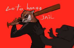  2021 ambiguous_gender anon anthro attack bat_(object) canid canine canis cheems dogelore domestic_dog duo english_text go_to_horny_jail hi_res humor male mammal melee_weapon meme red_background shiba_inu simple_background snarling spitz standing text velow weapon 