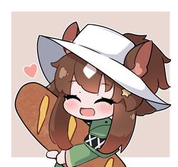  :d ^_^ animal_ears arknights baguette black_choker blush border bread brown_background brown_hair chibi choker closed_eyes commentary ears_through_headwear english_commentary facing_viewer female food green_jacket heart hugging_object jacket kurotofu long_hair meteor_(arknights) meteor_(bard&#039;s_holiday)_(arknights) multicolored_hair official_alternate_costume outline ponytail smile solo two-tone_background two-tone_hair upper_body white_background white_border white_hair white_headwear white_outline 