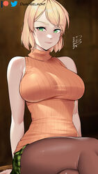  2023 artist_name ashley_graham bare_shoulders blonde_hair breasts brown_pantyhose closed_mouth crossed_legs damobelmont female green_eyes green_skirt highres impossible_clothes impossible_sweater large_breasts miniskirt orange_sweater orange_sweater_vest pantyhose patreon_logo patreon_username plaid plaid_skirt resident_evil resident_evil_4 resident_evil_4_(remake) ribbed_sweater short_hair signature sitting skirt sleeveless sleeveless_turtleneck solo sweater sweater_vest thighs turtleneck turtleneck_sweater twitter_logo twitter_username 