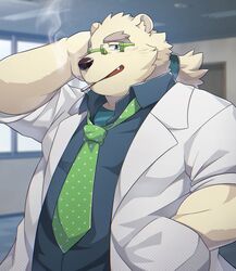  1boy arm_behind_head bara cigarette commentary_request fat fat_man furry furry_male glasses green_necktie hand_in_pocket highres lab_coat leib_(housamo) looking_at_viewer male_focus necktie oerba_yun_fang open_mouth polka_dot_necktie ponytail ponzu_tas smoke smoking thick_eyebrows tokyo_afterschool_summoners upper_body 