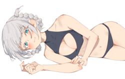  aqua_eyes bad_id bad_pixiv_id bare_shoulders black_panties braid breasts cleavage closed_mouth commentary_request crop_top female grey_hair highres large_breasts light_smile looking_at_viewer lying nanakusa_nazuna_(yofukashi_no_uta) navel on_side panties rasusurasu short_hair simple_background sleeveless sleeveless_turtleneck smile solo thighs turtleneck underwear white_background yofukashi_no_uta 