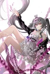  alternate_eye_color black_jacket breasts cleavage cleavage_cutout closed_mouth clothing_cutout dress eyeliner female frilled_dress frills fu_hua fu_hua_(herrscher_of_sentience) fu_hua_(turn_up_the_music!)_(herrscher_of_sentience) grey_hair hair_between_eyes hair_ornament highres honkai_(series) honkai_impact_3rd jacket long_hair long_sleeves makeup multicolored_hair official_alternate_costume on_head open_clothes open_jacket ovosaki pink_eyes red_eyeliner red_eyes simple_background sleeveless sleeveless_dress small_breasts smile solo streaked_hair twintails very_long_hair white_background white_dress white_hair yellow_pupils 