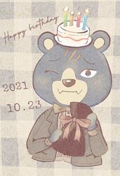  2021 animal_crossing anthro bear birthday_cake blue_body blush bow_tie cake clothing dessert food groucho_(animal_crossing) hat headgear headwear male mammal nintendo okuma_90 one_eye_closed scar shirt solo topwear 