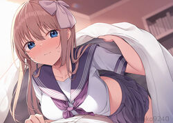  1boy blue_eyes blue_sailor_collar blue_skirt blush bookshelf bow brown_hair commentary_request cowgirl_position embarrassed female hairbow indoors looking_at_viewer neckerchief nekokobushi original pleated_skirt purple_neckerchief sailor_collar school_uniform serafuku shirt short_sleeves skirt solo_focus straight sweatdrop twitter_username under_covers wavy_mouth white_bow white_shirt 