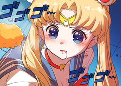  bishoujo_senshi_sailor_moon bishoujo_senshi_sailor_moon_s blonde_hair blue_eyes breasts cleavage commentary_request croquette derivative_work drooling female food forehead_protector hair_ornament hair_over_shoulder highres hungry jojo_no_kimyou_na_bouken korean_commentary long_hair magical_girl meme menacing_(jojo) momomusan open_mouth parody sailor_collar sailor_moon sailor_moon_redraw_challenge_(meme) sailor_senshi_uniform saliva screenshot_redraw sound_effects tsukino_usagi twintails upper_body 