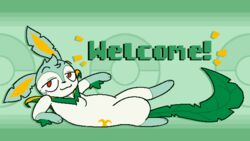  16:9 ambiguous_gender banner banner_image colored digital_media_(artwork) eeveelution feral fusion generation_4_pokemon generation_5_pokemon green_background hi_res hybrid leaf leaf_ears leaf_tail leafeon letterbox long_tail looking_at_viewer lying mascot nintendo on_back paws pixel_(artwork) pokeball pokemon pokemon_(species) pokemon_fusion red_eyes saffron_(ooc_pokeporn) serperior simple_background smug solo tail white_body widescreen zlut385 