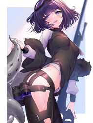  :d andreana_(arknights) arknights black_jacket black_pants black_shirt blue_eyes blush breasts commentary_request elite_ii_(arknights) female goggles goggles_on_head gun highres hip_vent jacket jar leaning_forward long_sleeves looking_at_viewer open_clothes open_jacket open_mouth pants purple_hair rifle shawl shirt short_hair small_breasts smile sniper_rifle solo spica_(spica_1510) tail tentacle weapon 