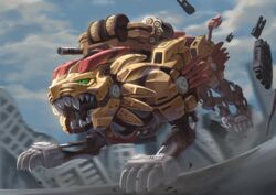  absurdres alkham bad_id bad_pixiv_id cloud glowing glowing_eyes highres looking_ahead mecha no_humans non-humanoid_robot open_mouth rising_liger robot robot_animal ruins running science_fiction sharp_teeth sky solo teeth zoids zoids_wild zoids_wild_zero 