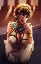  armlet breasts brown_eyes brown_hair civilization_(series) civilization_vi cleavage cleopatra commentary curvy dark-skinned_female dark_skin dress egyptian egyptian_clothes english_commentary eyelashes eyeliner eyeshadow female full_body gold_trim grabbing grabbing_own_breast headdress highres jewelry large_breasts lips lipstick luminyu makeup mascara open_mouth pink_lips purple_eyeshadow sagging_breasts signature solo usekh_collar 