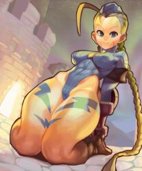  blonde_hair boots braid breasts cammy_white capcom censored curvy erect_nipples female female fingerless_gloves glo-s-s gloves hat highleg highleg_leotard large_breasts leotard long_hair looking_at_viewer partially_visible_vulva shiny sitting smile street_fighter thighs 