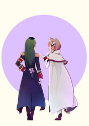  1boy :3 absurdres animal_ears armband boots bow cape cat_ears cat_tail closed_eyes commentary_request crusch_karsten doujiang_rr epaulettes felix_argyle female frilled_sleeves frills from_behind full_body gloves green_hair hair_ornament hand_on_own_hip hat highres long_hair long_sleeves looking_at_another low-tied_long_hair military military_hat military_uniform orange_hair paw_pose photoshop_(medium) re:zero_kara_hajimeru_isekai_seikatsu short_hair tail uniform walking white_gloves 