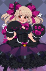  alternate_costume animal_ears black_cat_d.va black_dress black_gloves blonde_hair bow breasts brown_eyes cowboy_shot d.va_(overwatch) dress eyebrows_visible_through_hair eyes_visible_through_hair female frilled_dress frills gloves hairbow highres long_hair looking_at_viewer open_mouth overwatch purple_bow queen_ashi smile solo twintails 