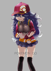  @_@ backpack bag baseball_cap belt black_thighhighs breasts cellphone commentary_request copyright_name cosplay covered_nipples female female_protagonist_(pokemon_go) female_protagonist_(pokemon_go)_(cosplay) fingerless_gloves gloves hat hex_maniac_(pokemon) highres holding holding_phone long_hair makoto_daikichi medium_breasts messy_hair miniskirt no_bra over-kneehighs phone photoshop_(medium) poke_ball_theme pokemon pokemon_go pokemon_xy purple_eyes purple_hair ribbed_sweater simple_background skirt smartphone smile solo sweater thighhighs 