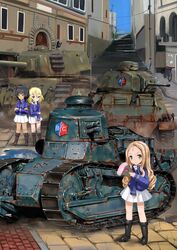  3girls andou_(girls_und_panzer) arl-44 arm_grab artist_name bad_id bad_twitter_id bc_freedom_(emblem) bc_freedom_military_uniform black_footwear black_hair blonde_hair blue_eyes blue_jacket blue_sky blue_vest boots brown_eyes building closed_mouth commentary crossed_arms dark-skinned_female dark_skin day dress_shirt drill_hair emblem folding_fan frog ft-17 girls_und_panzer green_eyes hand_fan high_collar highres holding holding_fan jacket light_blush long_hair long_sleeves looking_at_viewer marie_(girls_und_panzer) medium_hair messy_hair military military_uniform military_vehicle miniskirt motor_vehicle multiple_girls oshida_(girls_und_panzer) outdoors pleated_skirt s35 shadow shasu_(lastochka) shirt signature skirt sky smile standing standing_on_one_leg stone_floor tank uniform utility_pole vest white_shirt white_skirt 