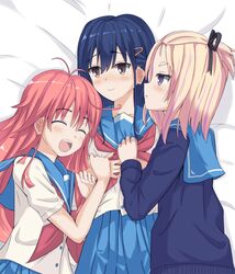  3girls black_eyes black_hair blonde_hair blue_skirt blush closed_eyes closed_mouth collarbone commentary facing_another flip_flappers girl_sandwich highres jealous kokomine_cocona long_hair lying multiple_girls neckerchief on_back on_side open_mouth papika_(flip_flappers) purple_eyes red_hair red_neckerchief sandwiched short_hair skirt smile yayaka ynote yuri 