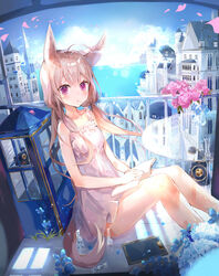  :o absurdres ahoge animal_ears antique_phone b_rock bad_id bad_pixiv_id balcony bare_arms blonde_hair blue_sky blush book breasts building chess_piece cloud commentary commission day dress english_commentary feet_out_of_frame female fence flower glass_table highres horizon knees_up long_hair looking_at_viewer low_twintails mole mole_under_mouth ocean open_book open_mouth original petals phone pink_eyes pink_flower pink_rose rose rotary_phone sitting sky sleeveless sleeveless_dress small_breasts solo sunlight table tail tears twintails vase water white_dress 