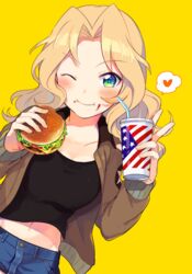  ;) ;t american_flag american_flag_print blonde_hair bomber_jacket burger closed_mouth commentary_request cup denim denim_shorts drinking_straw female flag_print food food_on_face fuji_fujino girls_und_panzer heart jacket kay_(girls_und_panzer) military military_uniform one_eye_closed open_clothes open_jacket print_cup saunders_military_uniform shorts smile solo spoken_heart tank_top uniform united_states upper_body yellow_background 