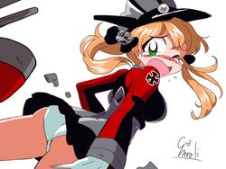  1990s_(style) anchor_hair_ornament aqua_eyes araizumi_rui_(style) blonde_hair choroli_(chorolin) commentary_request cross dutch_angle embarrassed female from_behind hair_ornament hat iron_cross kantai_collection looking_back low_twintails microskirt military military_hat military_uniform one_eye_closed panties pantyshot parody peaked_cap prinz_eugen_(kancolle) retro_artstyle skirt solo style_parody tears twintails underwear uniform white_panties 