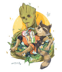  armor bananacat_(artist) bendy_straw beverage claws clothing drinking_straw duo elemental_creature elemental_humanoid flora_colossus flora_fauna flower food fruit groot guardians_of_the_galaxy hi_res humanoid male mammal marvel orange_clothing plant plant_humanoid procyonid raccoon rocket_raccoon straw_(disambiguation) tree 