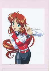  1990s_(style) absurdres arm_behind_back belt bow bowtie breasts buttons female green_eyes grin highres holding idol_janshi_suchie-pai lips long_hair long_sleeves looking_at_viewer medium_breasts miniskirt misaki_kyouko_(suchie-pai) official_art open_mouth orange_hair page_number paint.net_(medium) pantyhose retro_artstyle scan shiny_clothes shirt simple_background skirt smile solo sonoda_ken&#039;ichi vest white_background white_shirt 