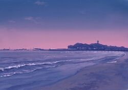  beach boat commentary enoshima forest gradient_sky highres hirota_(masasiv3) lighthouse nature no_humans ocean outdoors photoshop_(medium) pier purple_sky scenery seascape shore sky twilight watercraft 