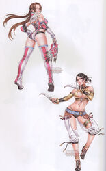  2girls absurdres alternate_costume ass bare_shoulders black_hair bleed_through boots bracelet breasts bridal_gauntlets brown_eyes brown_hair cleavage dagger dual_wielding earrings elbow_pads full_body hand_on_own_hip highres holding holding_weapon jaycee_(tekken) jewelry julia_chang knife large_breasts legs logo long_hair long_legs looking_at_viewer looking_back mask multiple_girls navel non-web_source photoshop_(medium) scan scan_artifacts tekken thigh_boots thighhighs thighs twintails unworn_mask watermark weapon wrestling_outfit yamashita_shun&#039;ya zafina_(tekken) 