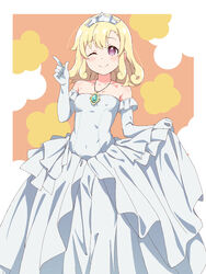  ;) absurdres bare_shoulders blonde_hair blush collarbone commentary dress elbow_gloves endro! female gloves highres jewelry karahai_(31448823) medium_hair one_eye_closed pendant princess purple_eyes rona_pricipa_o_rabanesta simple_background skirt_hold smile solo strapless strapless_dress tiara white_dress white_gloves 