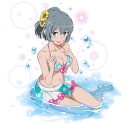  artist_request bare_shoulders barefoot bikini bikini_skirt blush breasts cleavage collarbone dungeon_ni_deai_wo_motomeru_no_wa_machigatteiru_darou_ka female flower full_body grey_hair hair_flower hair_ornament hands_on_own_chest looking_at_viewer medium_breasts navel open_mouth partially_submerged polka_dot polka_dot_bikini short_hair sitting smile solo sparkle sunflower swimsuit syr_flover water 