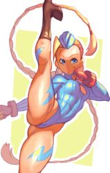  ass blonde_hair breasts cammy_white capcom curvy female female fingerless_gloves glo-s-s hat highleg_leotard kicking legs_up leotard partially_visible_vulva shiny street_fighter thighs upper_body 