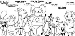  anthro bell better_version_at_source black_and_white bottomwear bovid bow_tie caprine clothing colt_(weaver) common_hippopotamus dancewear domestic_pig domestic_sheep elephant elephantid ellie_the_elephant equid equine eyewear felid female giraffe giraffid glasses goat group half-closed_eyes hippopotamid horse lagomorph leporid lilly_goat looking_at_viewer male mammal monochrome mr._bun-bun_(toybox_pals) mr._sheep_(toybox_pals) mrs._pig_(toybox_pals) ms._tiger_(toybox_pals) narrowed_eyes nurse nurse_giraffe_(toybox_pals) pantherine plushie princess_hippo_(toybox_pals) proboscidean rabbit sheep skirt smile suid suina sus_(pig) the_weaver tiger toy toybox_pals tutu 