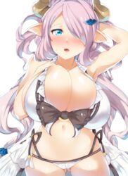  arm_up armpits ass ass_visible_through_thighs bad_id bad_pixiv_id bikini blush breasts bursting_breasts cameltoe cleavage draph female granblue_fantasy hair_ornament hair_over_one_eye hairclip highres horns huge_breasts long_hair looking_at_viewer mizukami_ryouma narmaya_(granblue_fantasy) narmaya_(summer)_(granblue_fantasy) navel official_alternate_costume parted_lips pointy_ears purple_hair simple_background skindentation solo sweatdrop swimsuit thigh_gap very_long_hair white_background white_bikini 