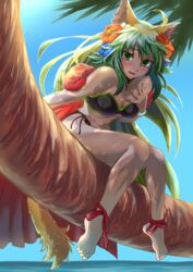  ahoge animal_ears atalanta_(fate) atalanta_(formal_dress)_(fate) bad_id bad_pixiv_id barefoot blush branch breasts cleavage collarbone commentary_request fate/grand_order fate_(series) female fox_ears green_hair hand_on_own_chest highres in_tree large_breasts long_hair looking_at_viewer parted_lips sitting sitting_in_tree smile solo tree urayama_(backmountain) 