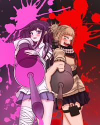  2girls bandage bangs blonde_hair blue_skirt blunt_bangs blush boku_no_hero_academia cardigan cowboy_shot danganronpa danganronpa_3 fangs messy_hair multiple_girls open_mouth pink_eyes school_uniform serafuku skirt super_danganronpa_2 thigh_strap toga_himiko tsumiki_mikan yellow_eyes 