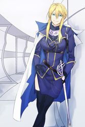  artoria_pendragon_(fate) artoria_pendragon_(lancer)_(fate) artoria_pendragon_(lancer)_(formal_dress)_(fate) bad_id bad_pixiv_id black_gloves blonde_hair blue_eyes braid breasts cape commentary_request crossed_legs fate/grand_order fate_(series) female french_braid gloves hand_on_own_hip highres kudou_(grass_crown) large_breasts leaning looking_at_viewer rapier side_slit sidelocks smile solo sword thighhighs weapon 