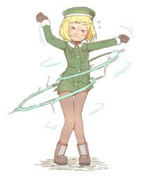  &gt;_&lt; arms_up beret blonde_hair blush_stickers boots brown_footwear brown_gloves brown_pantyhose closed_eyes collared_jacket commentary_request etori facing_viewer fate/grand_order fate_(series) female flying_sweatdrops full_body gloves green_hat green_jacket hat head_tilt hoop hula_hoop jacket long_sleeves open_mouth pantyhose paul_bunyan_(fate) short_hair solo standing sweat swept_bangs wavy_mouth white_background 