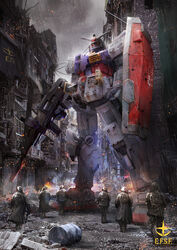  6+boys assault_rifle banner beam_rifle building car commentary_request damaged debris dirty earth_federation emblem energy_gun fire gun gundam helmet highres machinery mecha mobile_suit_gundam motor_vehicle multiple_boys photoshop_(medium) rain raincoat realistic repairing rifle robot ruins rx-78-2 science_fiction shield size_difference smoke soldier sparks thedurianart trash walking weapon wet 