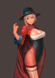  absurdres bad_id bad_pixiv_id bi-gwang blonde_hair blue_eyes breasts cape card cleavage cowboy_shot dice dice_earrings fedora female framed_breasts grey_background hat herowarz highleg highleg_leotard highres large_breasts leotard long_hair looking_at_viewer mole mole_under_mouth playing_card red_cape simple_background smile solo tamidro thighs 