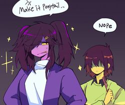  2019 5_fingers alternate_hairstyle anthro brush chokaso clothed clothing comb_(brush) deltarune digital_media_(artwork) duo female fingers hair hairbrush holding_brush holding_comb holding_hairbrush holding_object human kris_(deltarune) male mammal reptile scalie simple_background susie_(deltarune) teeth undertale_(series) 