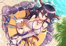  bandaged_arm bandages bare_shoulders bikini black_hair breasts commentary_request danua danua_(summer)_(granblue_fantasy) demon_horns doll draph female finger_to_mouth from_above granblue_fantasy gretel_(granblue_fantasy) hair_between_eyes hansel_(granblue_fantasy) horn_ornament horns innertube large_breasts long_hair looking_at_viewer midriff mku official_alternate_costume palm_leaf pointy_ears poolside red_eyes sitting solo stone_floor stuffed_toy swim_ring swimsuit water white_bikini 