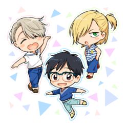  3boys ^_^ black_hair blonde_hair blue-framed_eyewear blush_stickers brown_eyes chibi closed_eyes commentary_request glasses green_eyes grey_hair hair_over_one_eye half_updo hood hoodie katsuki_yuuri male_focus multiple_boys open_mouth posca sailor_collar sleeveless sleeveless_hoodie smile viktor_nikiforov yuri!!!_on_ice yuri_plisetsky 