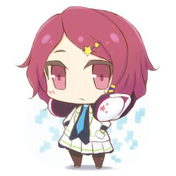  black_pantyhose blazer chibi commentary female hair_ornament hairclip headphones headphones_around_neck jacket llg.hakua lowres minase_koito miniskirt musaigen_no_phantom_world necktie pantyhose photoshop_(medium) red_eyes red_hair school_uniform skirt solo star_(symbol) white_background 