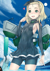  armpits asdj bike_shorts blonde_hair blush breasts cloud commentary covered_navel day dress drooling english_commentary female food gloves green_eyes hands headband highres kantai_collection luigi_torelli_(kancolle) ocean open_mouth photoshop_(medium) popsicle popsicle_stick sky sleeveless sleeveless_dress small_breasts solo_focus uit-25_(kancolle) wading white_gloves 