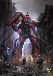  4boys assault_rifle backpack bag banner building cable cannon commentary_request damaged debris dirty emblem fire gun gundam helmet highres machine_gun mecha mobile_suit_gundam multiple_boys photoshop_(medium) radio_antenna rain raincoat realistic rifle robot ruins science_fiction scope shield soldier spikes thedurianart weapon wet zaku_ii zaku_ii_s_char_custom zeon 