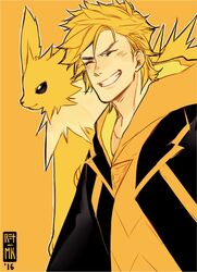  1boy blonde_hair closed_eyes commentary_request grin hood hoodie jacket jolteon male_focus mk/ret open_clothes open_jacket pokemon pokemon_(creature) pokemon_go smile spark_(pokemon) upper_body yellow_background yellow_theme 