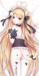  &gt;_&lt; ahoge animal_ears ass bad_id bad_pixiv_id bare_shoulders bed_sheet bell black_bow blonde_hair blush bow cat_ears cat_girl cat_tail chinese_commentary closed_mouth commentary_request detached_sleeves female garter_straps hair_bell hair_between_eyes hair_ornament hairbow heart heart_ahoge highres jingle_bell long_hair looking_at_viewer looking_back lying niliu_chahui on_stomach original panties photoshop_(medium) puffy_short_sleeves puffy_sleeves red_eyes short_sleeves smile solo tail thighhighs tokisaki_asaba_(niliu_chahui) two_side_up underbust underwear very_long_hair white_panties white_thighhighs wrist_cuffs 