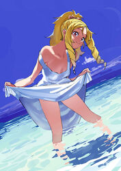  bare_shoulders blonde_hair blue_sky blush bow breasts cleavage closed_mouth commentary_request day dress drill_hair drill_sidelocks eromanga_sensei female hairbow highres kitou_sakeru looking_at_viewer ocean ponytail red_eyes sidelocks skirt_hold sky small_breasts smile solo standing strap_slip wading water white_dress yamada_elf 